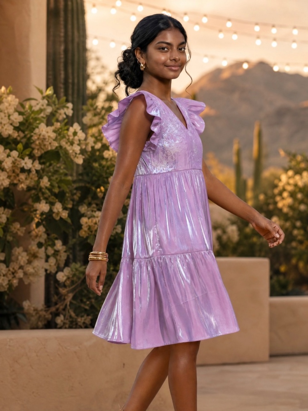 Lavender Iridescent Floral Embroidered Mini Dress | Ruffle Sleeve Tiered - Picture 2 of 5